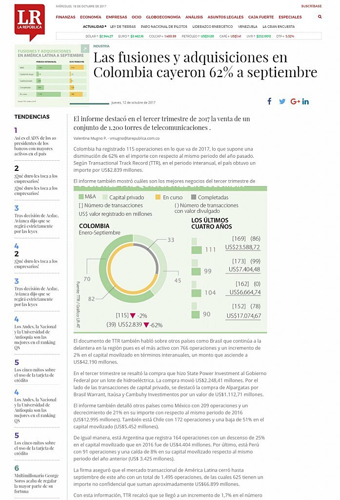 Las fusiones y adquisiciones en Colombia cayeron 62% a septiembre